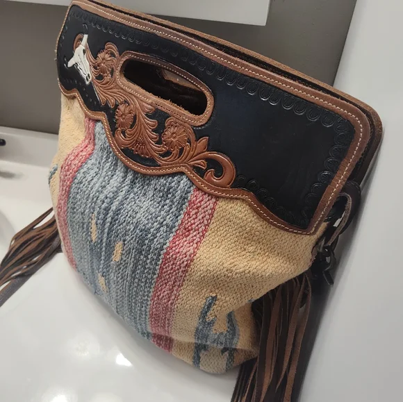 GUC Myra Bag Blue Stream Hand Tooled Fringe Crossbody Hand Carry Bag, Gorgeous - Picture 9 of 16